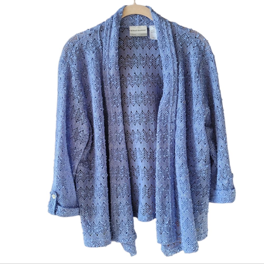 Alfred Dunner Textured Open Front Blue Cardigan Size